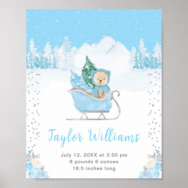 Poster Hiver Bear Blue Sleigh Statistiques de naissance (Devant)