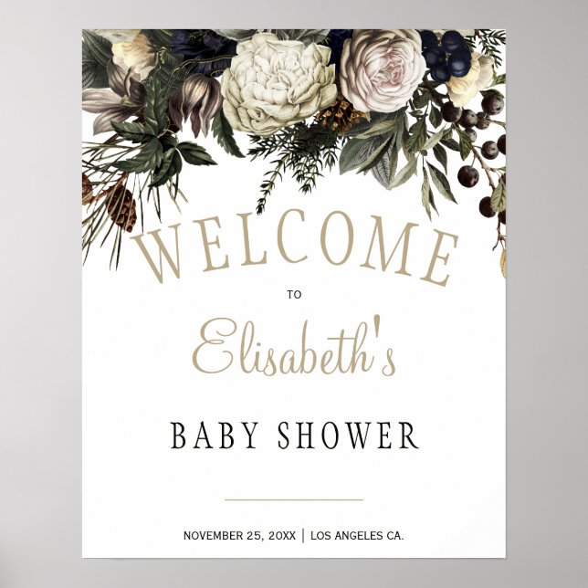 Poster Hiver blanc peonys chic baby shower signe de bienv (Devant)