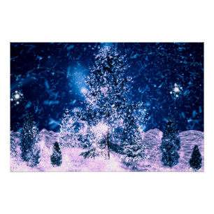 Poster hiver bleu forêt vacances xmas