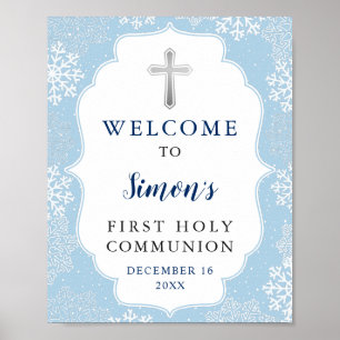 Poster Hiver Blue Snowflakes Garçon première sainte commu