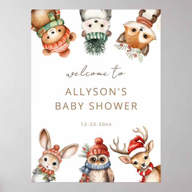 Poster Hiver Bois animaux baby shower signe de bienvenue (Devant)
