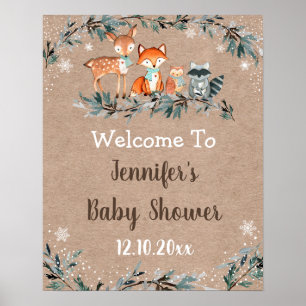 Poster Hiver Bois Baby shower vert Bienvenue