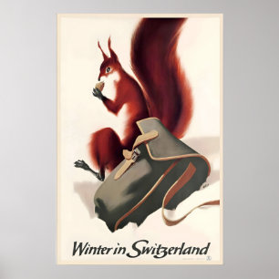 Poster Hiver en Suisse Écureuil Voyage Vintage