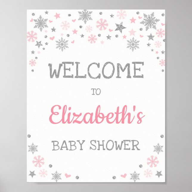 Poster Hiver Flocon de neige rose Baby shower d'argent Bi (Devant)