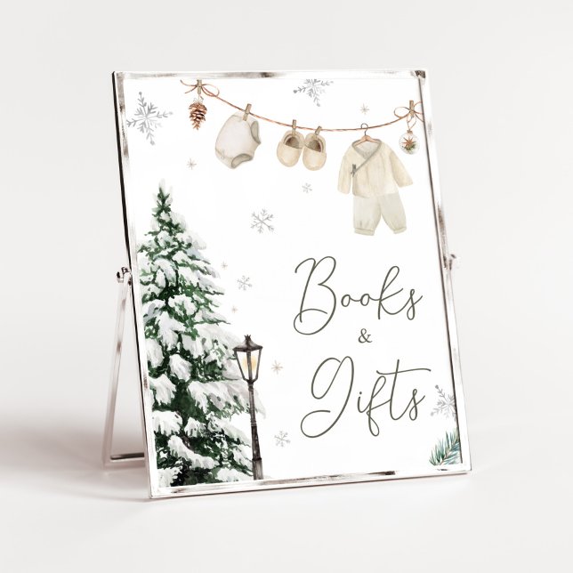 Poster Hiver Joyeux Vêtements de bébé Livres et cadeaux (Merry Little Winter Baby Clothes Baby Shower Books and Gifts Sign)