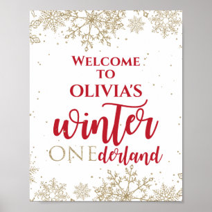 Poster Hiver Onederland Rouge 1er Anniversaire Flocons de