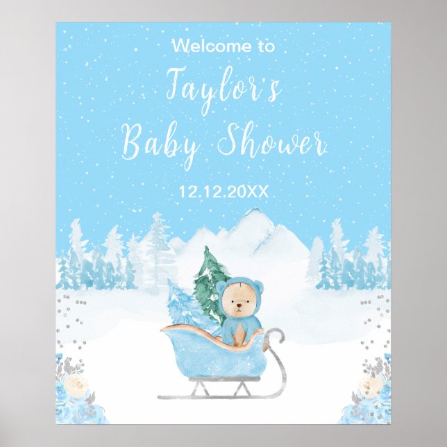 Poster Hiver Ours Bleu Baby shower couleigh Bienvenue (Devant)