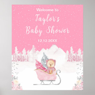 Poster Hiver Ours rose Baby shower de traîneau Bienvenue