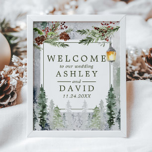 Poster Hiver Pins Rustiques Lanterne Mariage Bienvenue
