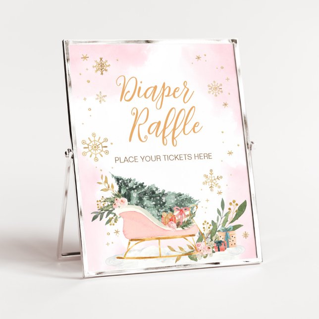 Poster Hiver Rose or Snowflake Déchets Raffin (Pink Sleigh Baby Shower Diaper Raffle Sign)