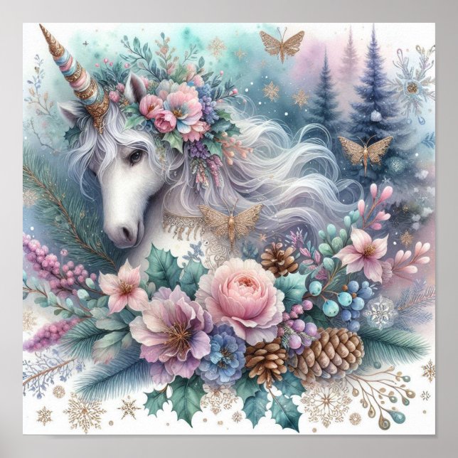 Poster Hiver Unicorne Scène magique 1 (Devant)