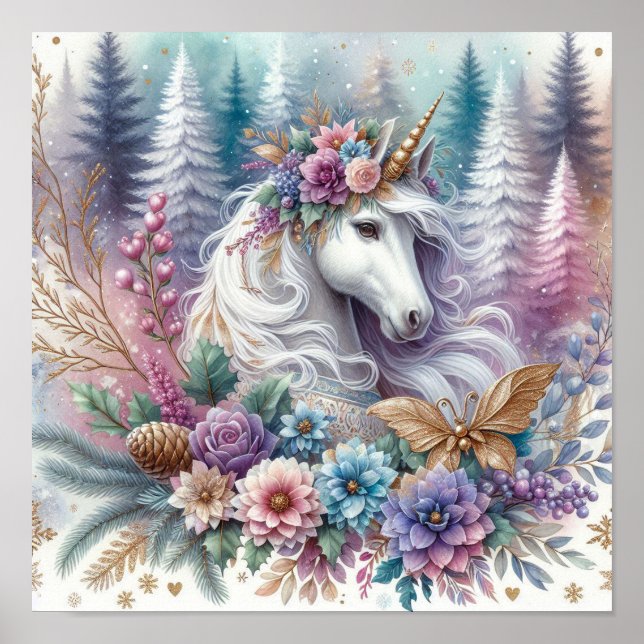Poster Hiver Unicorne scène magique 3 (Devant)