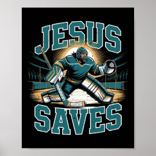 Poster Hockey chrétien Jésus sauve Humour de gardien de b