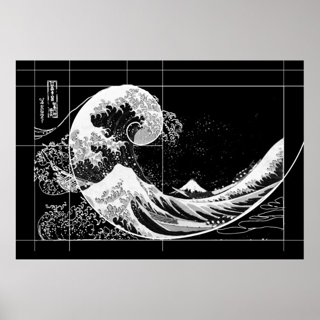 Poster Hokusai rencontre Fibonacci, noir et blanc (Devant)