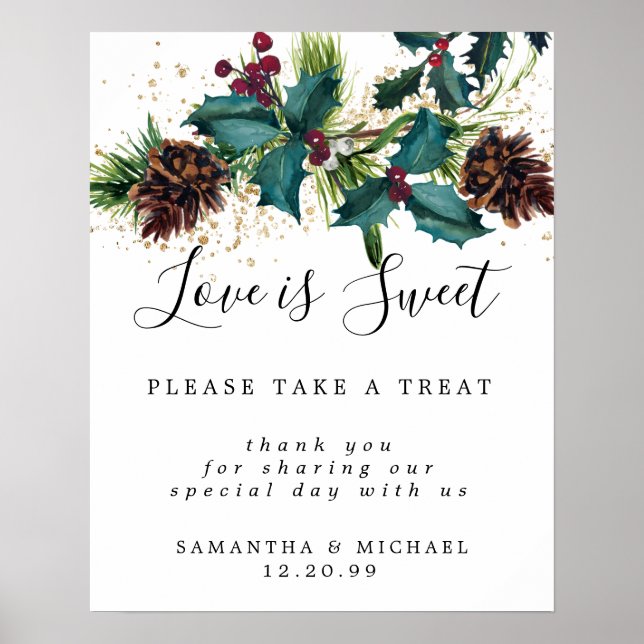 Poster Holly Berry Love is Sweet Mariage Dessert Bar Sign (Devant)