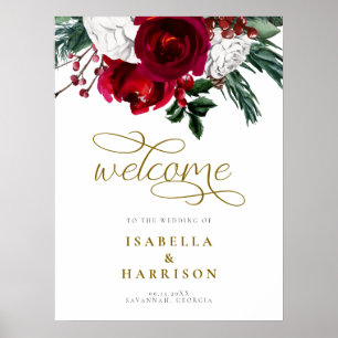 Poster HOLLY Bourgogne Floral Mariage de Noël Bienvenue