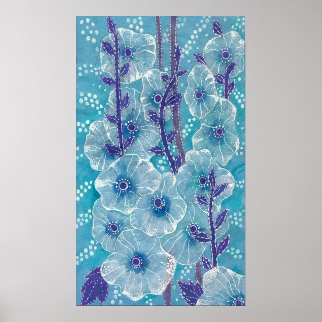 Poster Hollyhock Mallow Malva Fleur Floral Collage Bleu (Devant)