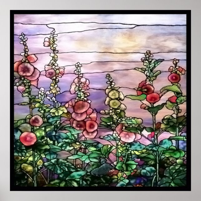 Poster Hollyhocks Vintage Floral Tiffany verre tendu (Devant)