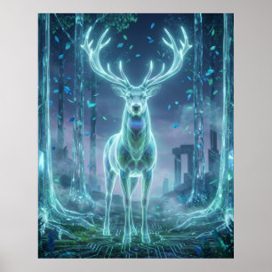 Poster Hologramme Cerf Forêt Électrique