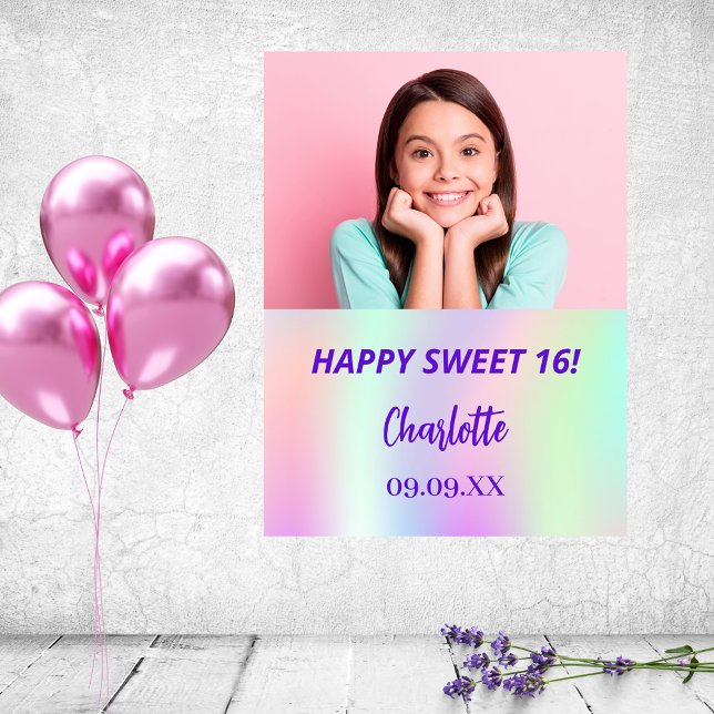 Poster Holographique photo personnalisée Sweet 16 fête bi (Créateur téléchargé)