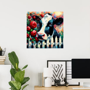 Poster Holstein Picket de vache clôture Roses rouges Noir