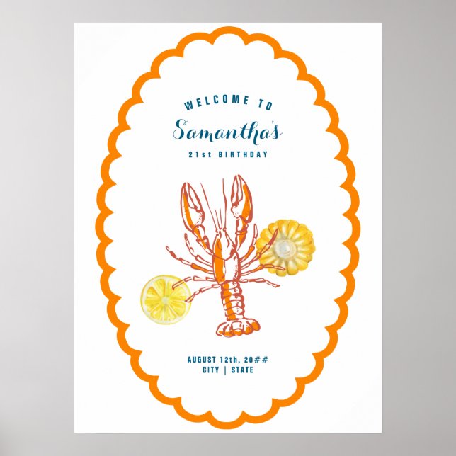 Poster Homard grillé BBQ Fruits de mer Bienvenue à la fêt (Devant)