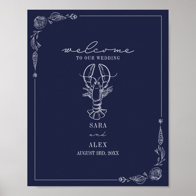Poster Homard rustique Bleu foncé Plage Mariage Bienvenue (Devant)