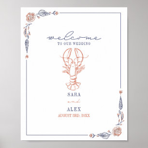 Poster Homard rustique Rouge & Blue Beach Mariage Bienven