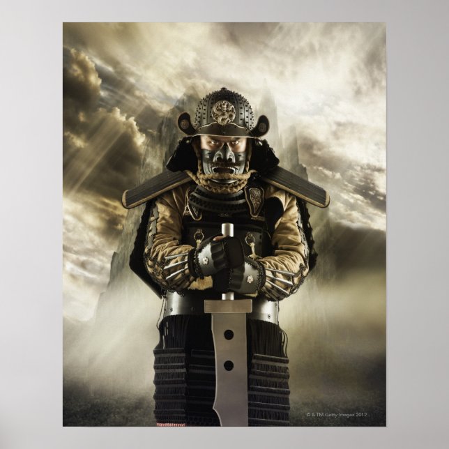 Poster Homme asiatique en armure samouraïe (Devant)