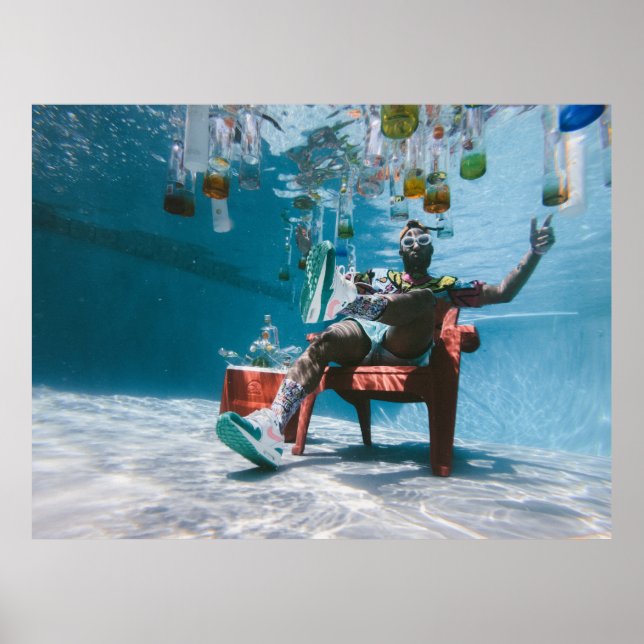 Poster Homme assis sur une chaise sous l'eau avec botte f (Devant)