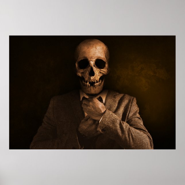 Poster Homme crânien effrayant en costume (Devant)