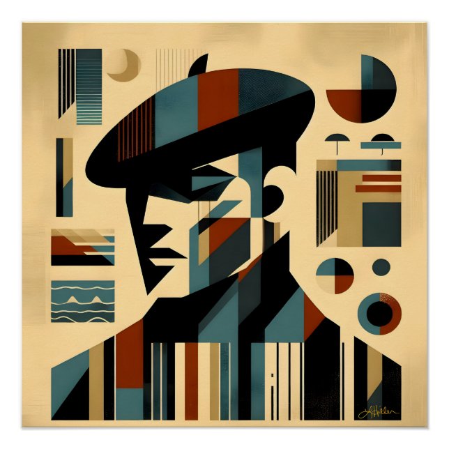 Poster Homme D'Art Moderne Du Milieu Du Siècle Portant Un (Devant)
