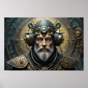 Poster Homme futuriste, armure de steampunk et casque psy