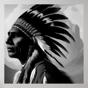 Poster Homme Indien Amérindien Noir Blanc Monochrome