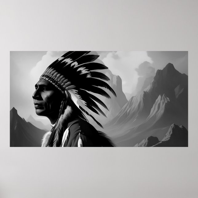 Poster Homme indien noir et blanc d'Amérique monochrome (Devant)