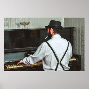 Poster Homme rétro jouant du piano et fumant