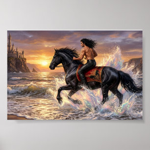 Poster Homme rêveur à cheval sur la plage au coucher du s