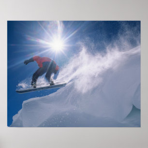 Poster Homme sautant d'une grande corniche en snowboard