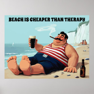 Poster Homme sur une plage avec une bière, Citation amusa