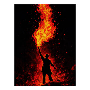 Poster Homme tenant une torche à feu massive silhouette d