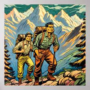 Poster Hommes faisant du backpacking sur un sentier de ra