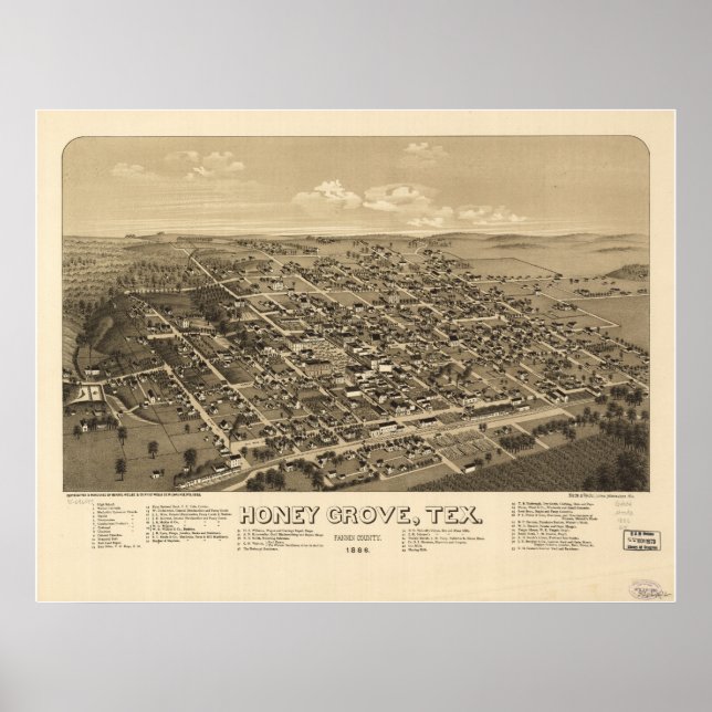 Poster Honey Grove Texas 1886 Antique carte panoramique (Devant)