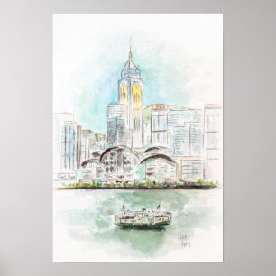 Poster Hong Kong Victoria Harbour 1 encre et aquarelle
