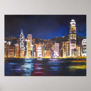 Poster Hong Kong Vitoria Harbor night view oil painting