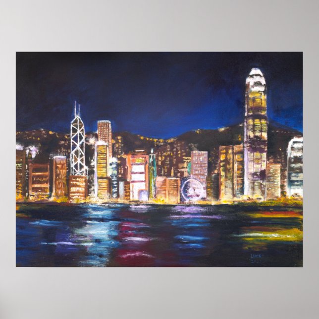 Poster Hong Kong Vitoria Vue de nuit peinture à l'huile (Devant)