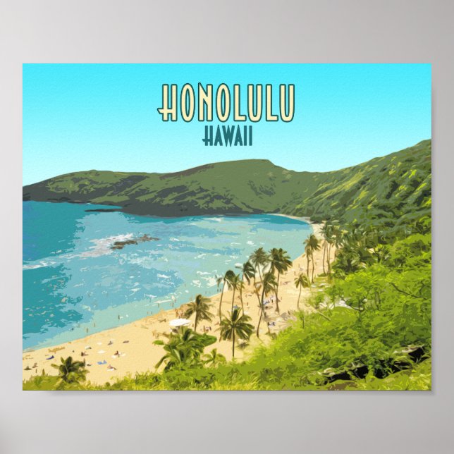 Poster Honolulu Hanauma Bay Beach Hawaii Vintage (Devant)