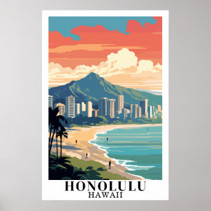 Poster Honolulu Hawaï Art de Voyage Vintage Plage de Waik