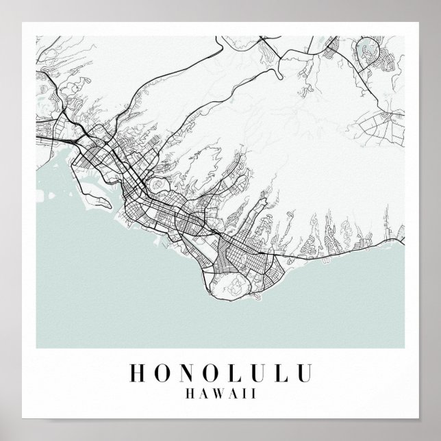 Poster Honolulu Hawaii Blue Water Street Carte (Devant)
