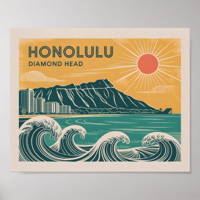 Poster Honolulu Oahu Diamond Head Retro Style Mi-Siècle (Devant)