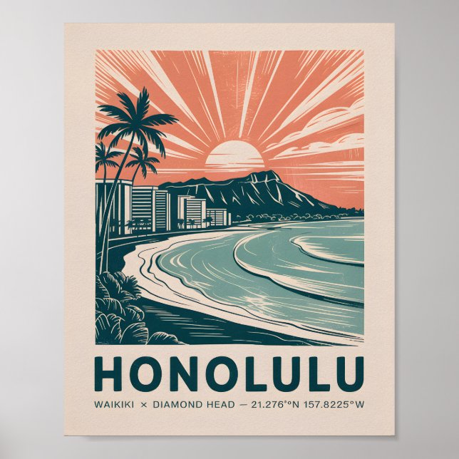 Poster Honolulu Waikiki Diamond Head Pittoresque Retro Tr (Devant)